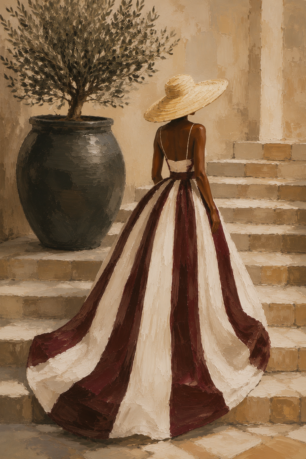 Woman in Striped Dress - Rood