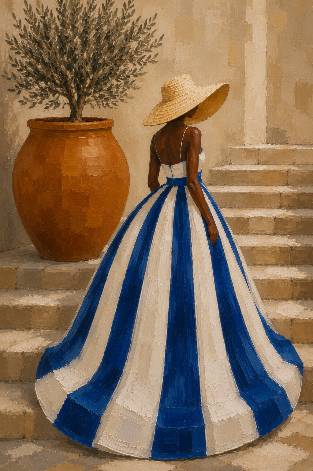 Woman in Striped Dress - Blauw