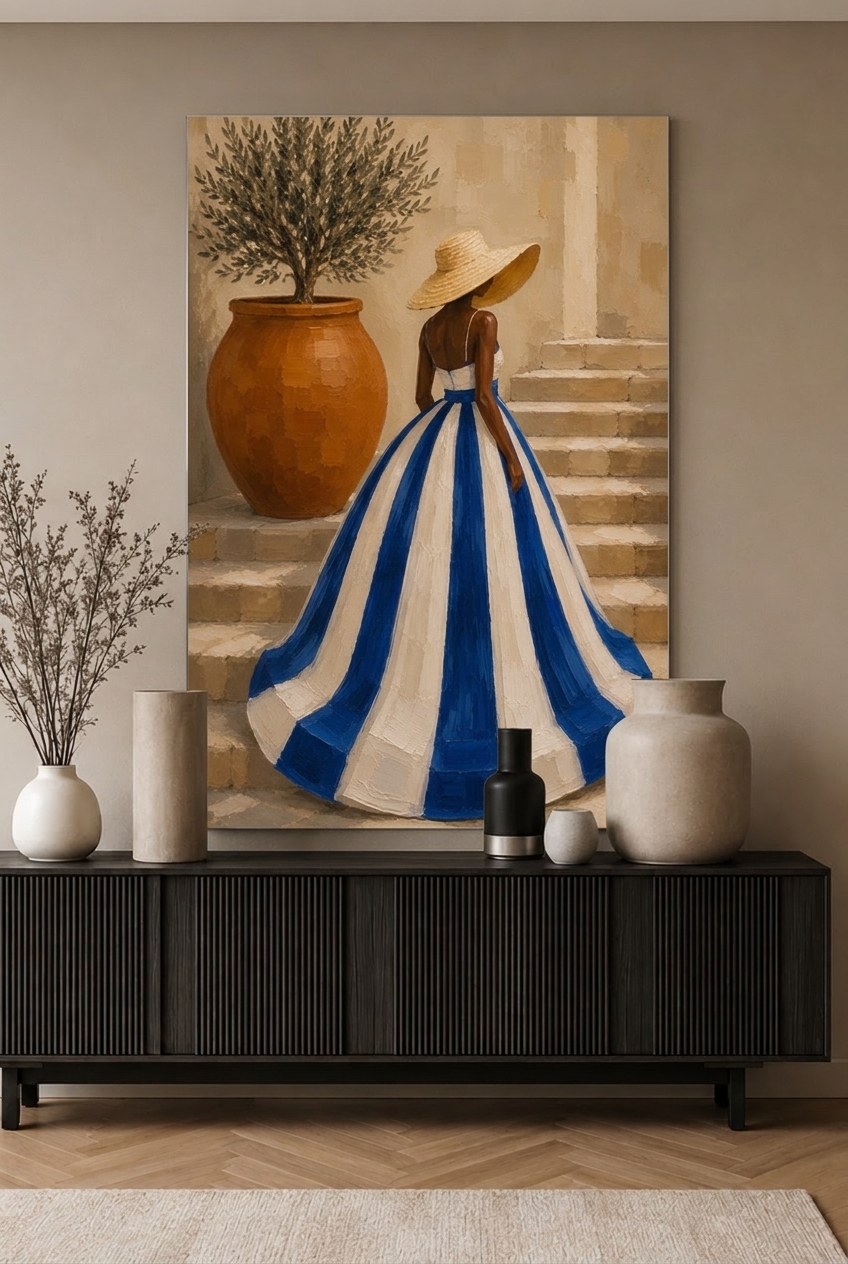 Woman in Striped Dress - Blauw